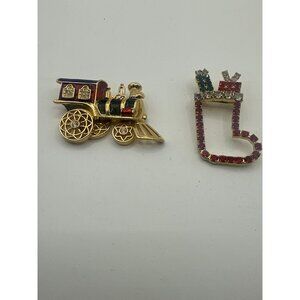 Smithsonian Gold-Tone Train & Christmas Stocking Brooch Pin Set
